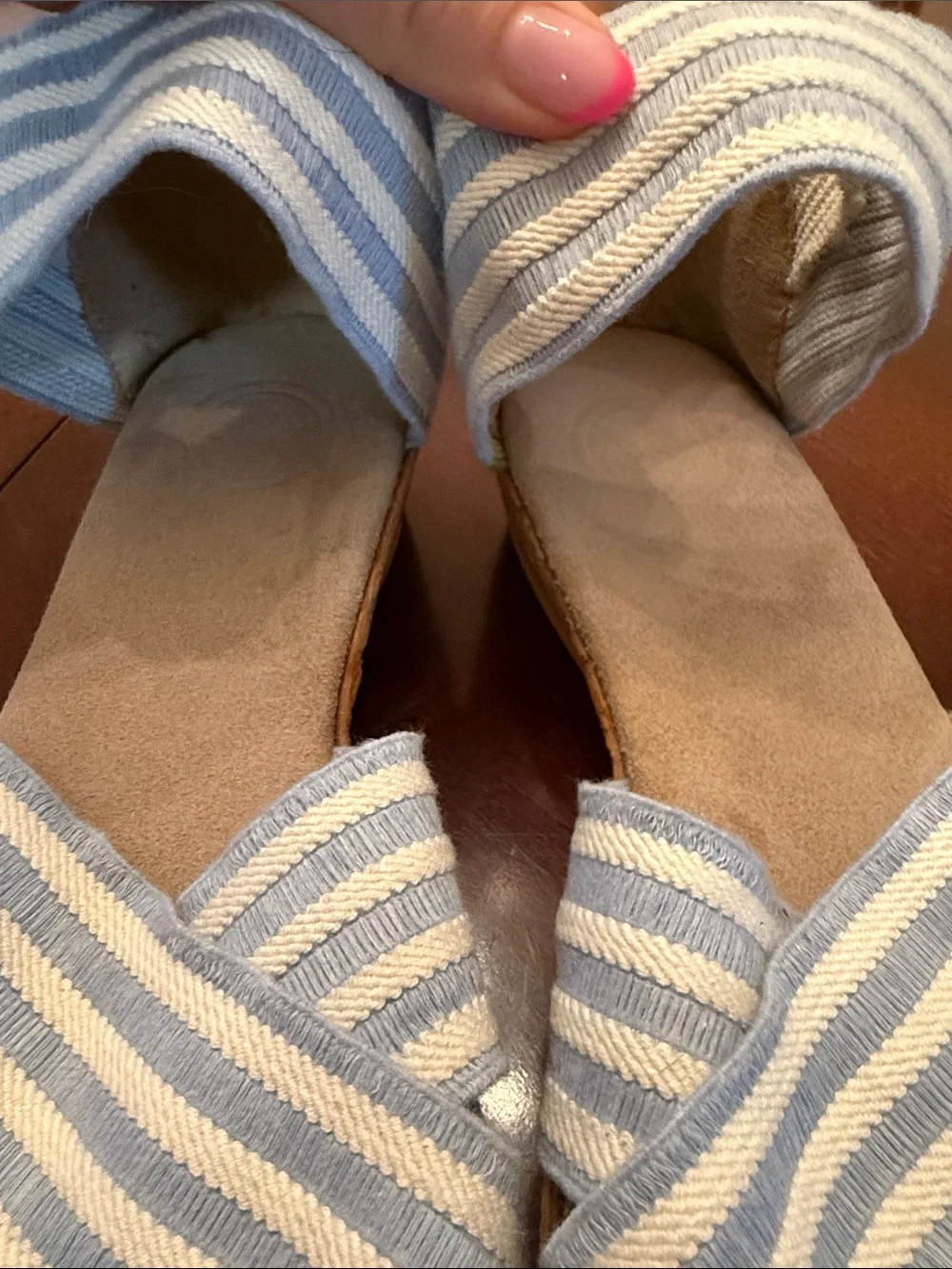 CHARLESTON SHOE CO. Light Blue & White Striped Espadrille Wedges